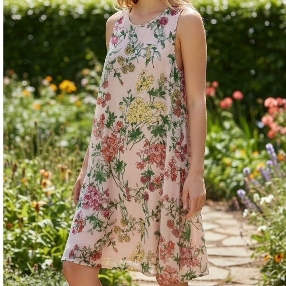 Tommy Hilfiger Floral Shift Dress Womens 10 Pink Sleeveless Chiffon Mini Casual